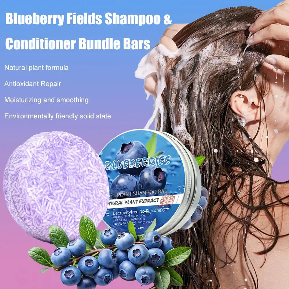 Blueberry Shampoo & Conditioner Bundle Bar for Hair Thinning Frizz, Blueberry Solid Shampoo & Conditioner Strengthen Hair Care